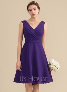 a - line / princess v - neck knee - length chiffon bridesmaid dress with ruffle