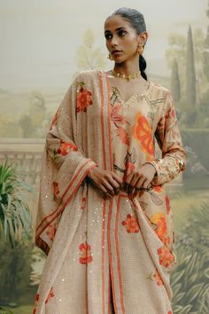 Biscuit brown kurta featuring kalamkari print all over with aari, sequin, resham, zardozi hand embroidered neck and sleeves. Paired with a printed palazzo and a dupatta. - Aza Fashions Printed Cotton Silk Palazzo Set, Wedding Palazzo Set With Printed Motifs And Straight Kurta, Chanderi Palazzo Set With Printed Motifs For Wedding, Wedding Chanderi Palazzo Set With Printed Motifs, Navratri Wedding Palazzo Set With Printed Motifs, Traditional Palazzo Set With Printed Motifs For Wedding, Bohemian Chanderi Palazzo Set With Floral Print, Wedding Palazzo Set With Printed Motifs In Chanderi, Transitional Wedding Palazzo Set With Printed Motifs