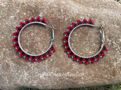 Red and Turquoise Beaded Hoop Earrings by DoubleACreations on Etsy Red Festival Hoop Earrings, Red Round Hoop Earrings For Festivals, Handmade Red Beaded Hoop Earrings, Red Colorful Beads Hoop Earrings, Red Beaded Round Hoop Earrings, Bohemian Red Hoop Earrings With Colorful Beads, Bohemian Red Hoop Earrings With Dangling Beads, Red Hoop Earrings With Colorful Beads, Red Bohemian Adjustable Hoop Earrings