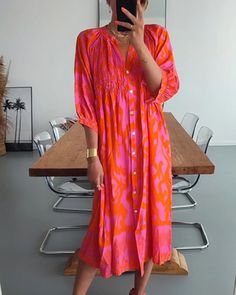 3/4 Sleeve Print Midi Dress Red 23BF Casual Dresses Clothes Dresses Spring Summer Me 109, Flattering Tops, Orange Print, Cotton Blends Dress, 2022 Trends, Spring Fabric, Printed Shirt Dress, Flattering Dresses, Red Midi Dress