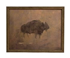 an oil painting of a bison in brown and beige tones, framed against a white wall