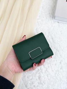 Dark Green Fashionable Collar  PU Leather Plain Small Wallet Embellished   Women Bags Metal Detail, Minimalist Wallet, Small Wallet, Men's Beauty, Womens Purses, Wallets For Women, Green Colors, Dark Green