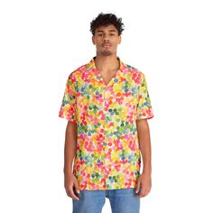 "Nothing says \"I love summer\" like a Hawaiian shirt, and now, you can make this iconic garment even better by adding your own art to it. Made to have a boxy fit and a notch lapel collar that are perfect for any laidback scenario, these shirts come with a handy chest pocket and a 95% polyester and 5% spandex fabric for silky comfort.  .: Material: 95% polyester, 5% spandex .: Sewn-in label .: Medium fabric (7.23 oz/yd²(245 g/m .: Boxy fit .: Chest pocket" Spring Shirt With All Over Print And Camp Collar, Spring Multicolor Hawaiian Shirt With Camp Collar, Multicolor Hawaiian Shirt With Camp Collar For Spring, Collared Camp Shirt With All Over Print For Spring, Spring Collared Camp Shirt With All Over Print, Retro Hawaiian Shirt With All Over Print, Hawaiian All Over Print Top For Spring, Multicolor Collared Hawaiian Shirt For Spring, Relaxed Fit Collared Hawaiian Shirt For Spring