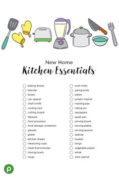 the new home kitchen essentials checklist is shown in this printable list, which includes