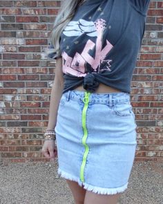 Shop Style | zjoxa.com on Instagram: "In case you missed the memo … 👇 The 90’s are BACK, and to be honest, I am diggin’ it! 👏 The neon zipper on the front of this skirt is the blast from the past you didn’t know you needed! 💚 I absolutely love this look & can't wait to rock it to a music festival or two this summer. 👏 Tap the post to get the look! 👀 I am wearing size S in the graphic tee. Size M in the skirt. #Zjoxaco #realstyle #shoponline #onlineclothingstore #onlinestore #clothing #o Mini Denim Skirt, Neon Fashion, Neon Lights, All You Need Is Love, Denim Mini, Light Wash Denim, Denim Mini Skirt