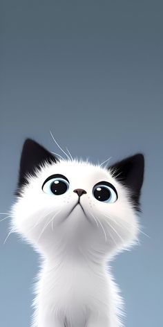 a black and white cat with big eyes looking up at something in the sky behind it