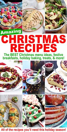 Christmas recipes collage with text showing Christmas dinner recipes, holiday breakfast ideas, Christmas cookies and holiday treats, holiday appetizers, winter drinks, Christmas desserts, and more. Santa Desserts, Elegant Christmas Dinner, Christmas Breakfast Ideas, Christmas Dinner Recipes, Food Bites, Christmas Leftovers, Cookie Exchange Recipes, Christmas Breakfast Recipe, Favorite Christmas Recipes