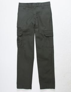 Dickies Cargo Pants. Slim Fit. Straight Leg. Flex Fabric For Ease Of Movement And Durable Light Weight Construction. Wrinkle Resistant. Easy Care Stain Release. Belt Loop Waist. Expandable Cargo Pocket And Multi-Use Cell Phone Pocket. Slant Hand Pockets. Dickies Label On Back Right. Back Welt Pockets With One Button Closure On Left. Button Waist. Zip Fly. Approx. Inseam: 25''. 65% Polyester, 35% Cotton. Machine Wash. Imported. | Dickies Boys Cargo Pants Fitted School Pants With Pockets, Fitted School Bottoms With Pockets, Full Length School Bottoms With Pockets, Full Length Bottoms With Pockets For School, School Trousers With Pockets, Full-length Cotton Bottoms For School, Cotton Bottoms For School, Full Length Cotton Bottoms For School, Cotton Full Length Bottoms For School