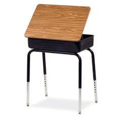 a wooden desk with metal legs and a black box on the top that is attached to it