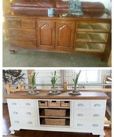 before and after photos of an old dresser turned into a sideboard with storage drawers