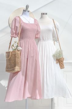 A classically romantic style, the feminine Lily of the Valley Dress is a dream in checked blush pink cotton, with a comfortable smocked elastic bodice, side-seam pockets, and tea-length skirt. Perfect for a picnic in the park, a day spent frolicking with friends, or just for lounging in with a cup of tea and your favorite novel. . Details: S: Bust 32"-38", Waist 26"-34", Length 47" M: Bust 34"-40", Waist 28"-36", Length 48" L: Bust 36"-44", Waist 32"-40", Length 49" Skirt Length Waist to Hem: 35 Cute Pink Long Dress, Innocent Style Outfits, Feminine Outfits Women, Light Pink Dress Outfit Casual, Casual Spring Dresses 2024, Pink Summer Clothes, Summer Romantic Outfits, Cute Dress Outfits Aesthetic, Cute Clothes Korean Style