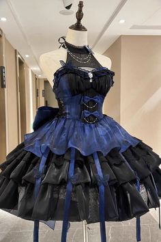 Black/Blue Print Ruffle Bowknot Gothic Princess Lolita Jsk Dress – LolitaInside Dark Blue Princess Dress, Blue Princess Dress, Butterfly Princess, Lace Butterfly, Dress Design Sketches, Ruffles Fashion, Really Cute Outfits, 여자 패션, Fancy Outfits