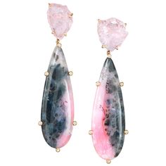 One-of-a-kind dangle earrings of rough pink morganites and cabochon pink opal drops with natural black matrix, accented by white diamonds. Handcrafted in 18 karat yellow gold. These stunning pink and black earrings make a glamorous statement when worn. The unique matrix of the pink opals gives it a sophisticated flair and the natural rough morganites lend an organic feel to these beauties. Perfectly pretty worn for cocktails or for a day out on the town. Rose Gold Drop Earrings, Opal Drop Earrings, Luxe Jewelry, Rose Gold Pink, Heart Shaped Diamond, Emerald Earrings, Black Earrings, Diamond Drops, Opal Earrings