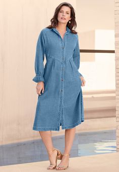 An updated take on our relaxed and easy shirtdress, made in supersoft denim with a shirt collar and button-front design. Ruffle-trim elastcized blouson Womens Denim Dress, Long Dress Design, Collared Shirt Dress, Designer Dresses Casual, Denim Shirt Dress, Button Front Dress, Swimsuits For All, African Wear, Button Dress