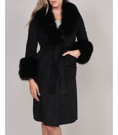 Wool Wrap Coat with Fox Fur Collar: Fursource.com Evening Wool Coat For Fall, Elegant Black Wool Sweater Coat, Chic Black Wool Coat For Winter, Black Wool Coat For Formal Fall Occasions, Formal Black Wool Coat For Fall, Black Wool Coat With Shawl Collar For Winter, Elegant Black Pea Coat For Fall, Black Evening Wool Long Coat, Fall Wool Coat With Faux Fur Trim For Work