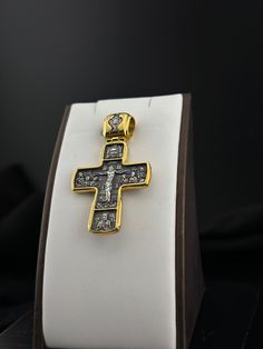 "Silver double-sided 24K gilded cross \"The Crucifixion of Christ with those present. Apostle Peter. Icon of the Mother of God\" Art. 0102 ✔️Silver 925 + 24K 999 gold plated + blackening ✔️Size 47/30 mm ✔️Weight 15 grams (+- 1 gram) ✔️Technique: casting, gilding, blackening, handmade ✔️Possible production in: 🟡Gold 14K or 18K (red, yellow, white) 🌕24K gold plated sterling silver 🔘Silver with blackening or rhodium Need more information? If you have any questions please don't hesitate to contac Gold Crucifix Jewelry Collectible, Collectible Gold Crucifix Jewelry, Collectible Yellow Gold Cross Jewelry, Gold Crucifix Jewelry For Commemoration, Byzantine Cross Jewelry For Gift, Byzantine Cross Jewelry Gift, Yellow Gold Cross Charm Jewelry As Gift, Gold Byzantine Crucifix Jewelry, Byzantine Cross Pendant Jewelry As Gift