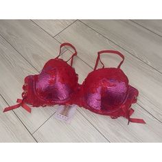 Women’s Savage X Fenty Balconette Bra, Red And Pink, Lace Trim, Side Tie Ribbon Detail, Lined, Underwire, Back Close Size: 38d New, With Tags Push-up Bra With Lace Closure For Party, Red Padded Party Bra, Red Fitted Bra For Parties, Party Bra With Boning And Underwire, Red Party Bra, Red Push-up Bra With Padded Cups, Party Underwire Bra With Lined Body, Red Padded Push-up Bra, Red Underwire Bra With Lined Body