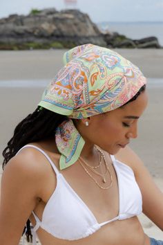 Paisley Motif Bandana Pale Green Casual Silk Scarf With Bandana Print For Summer, Casual Summer Festival Scarves, Bohemian Bandana For Beach In Summer, Bohemian Summer Scarves With Floral Print, Summer Bohemian Scarves With Floral Print, Beach Bandana As Headband, Bohemian Adjustable Bandana For Vacation, Bohemian Summer Headwrap, Trendy Summer Beach Headwrap