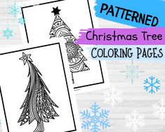 three christmas tree coloring pages with snowflakes in the background