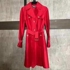 Kenneth Cole - Double Breast, Buttoned Red Trench Coat Women’s Sz Xs - There’s A Slight Tiny Marking On One Of The Sleeves Shown In One Of The Listed Picture Circled In Yellow Luxury Red Single-breasted Outerwear, Luxury Red Double-breasted Outerwear, Red Belted Outerwear For Work, Designer Red Long Sleeve Outerwear, Red Winter Coat Women, Camel Dress Coat, Red Winter Coat, Lightweight Trench Coat, Blue Trench Coat