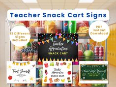 teacher snack cart signs are displayed in front of the classroom door and on the wall