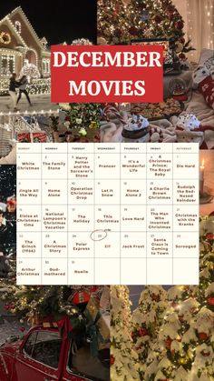 a calendar with pictures of christmas movies on it and the words december movies written in red