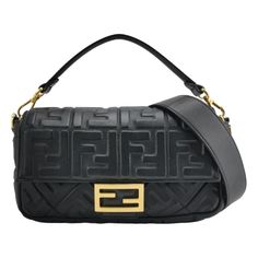 Fendi Baguette Lambskin Leather Crossbody Bag Medium Black Experience luxury and style with the Fendi Baguette in luxuriously Nappa Leather Crossbody Bag. Crafted from soft nappa leather with intricate 3D FF motif embossing, this incredibly light bag offers both functionality and fashion. Carry it by hand, on the shoulder, or across the body for versatile use. Featuring a top flap with magnetic closure and the signature FF clasp, it's the perfect accessory for any occasion. CONDITION: VERY GOOD Fendi Crossbody Bag, Fendi Baguette Bag, Bottega Veneta Pouch, Fendi Shoulder Bag, Black Leather Top, Ff Logo, Fendi Baguette, Fendi Bags, Medium Bags