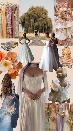 the collage shows different types of wedding dresses and gowns with flowers on them