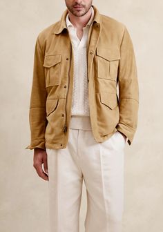 Luxury Beige Leather Jacket For Men, Luxury Beige Leather Jacket With Pockets, Men’s Suede Jacket Outfit, Suede Trucker Jacket, Suede Jacket Outfit, Luxury Single-breasted Suede Outerwear, Lambskin Leather Jacket, Guys Clothing Styles, Genuine Leather Jackets