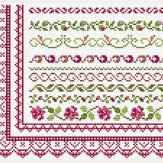 a cross stitch pattern with pink flowers and green leaves on the border is shown in red