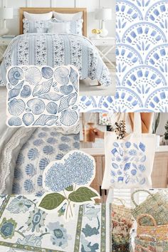 a collage of blue and white bedding with different patterns