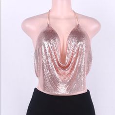 Sexy Backless Sequined Top Rose Gold 7 Color Choices: Gold, Silver, Black, Rose Gold, Pink, White & Orange One Size Fits Most Small-Xl Stretch Halter Top With Built-in Bra For Party, Pink Party Tops With Built-in Bra, Glamorous Backless Tank Top For Summer, Party Crop Tube Top With Built-in Bra, Chic Pink Backless Halter Top, Pink Halter Neck Top For Evening, Pink Top With Built-in Bra For Night Out, Chic Low-cut Crop Top For Party, Low-cut Tops For Summer Night Out