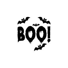 the word boo is written in black and white with bats flying around it's head