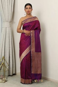 Purple saree with all over Checkered polka woven pattern and zari work detailing. - Aza Fashions Purple Checkered, Saree Women, Purple Saree, Katan Silk, Zari Work, Woven Pattern, Aza Fashion, Custom Made, Hand Weaving