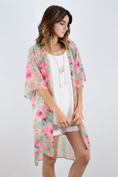 Pink Floral Chiffon Kimono Cardigan Trendy Summer Floral Print Outerwear, Trendy Summer Outerwear With Floral Print, Long Sleeve Chiffon Outerwear For Spring, Casual Chiffon Top For Layering, Long Pink Summer Outerwear, Pink Long Summer Outerwear, Oversized Summer Cardigan For Layering, Oversized Summer Cardigan, Oversized Cardigan For Summer Layering