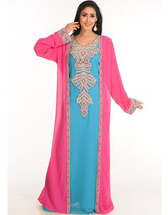 Multicolor Georgette Hand Zari Embroidery Party Wear Kaftan Right side and both sleeve zari work Back close with loop, button & zip, easy to wear Dress belongs to the zari embroidery work with glass stone at the front and sleeves Hijab and band shown in the image can be bought separately Fabric: GeorgetteCare: Mild machine wash/ hand Cold Wash/ Dry cleanWe request customers to carefully choose the correct size and dress length referring to our size chart Middle East Clothing, Embroidery Kaftan, Maxi Vestidos, Zari Embroidery, Long Kaftan, Net Lehenga, Moroccan Caftan, Islamic Clothing, Zari Work