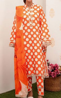 White/Orange Lawn Suit -  Pakistani Lawn Suits Orange Cotton Sets For Spring, Spring Cotton Set In Orange, Spring Orange Cotton Set, Spring Season Orange Cotton Set, Spring Orange Cotton Kurta, Orange Cotton Sets With Printed Motifs, Unstitched Orange Cotton Kurta, Orange Cotton Long Sleeve Kurta, Unstitched Orange Lawn Suit With Dabka Work