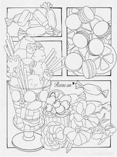 a coloring page with an image of flowers and fruit in the center, along with other pictures