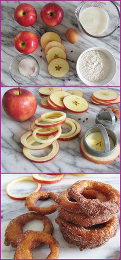 there are many different pictures of apples and doughnuts