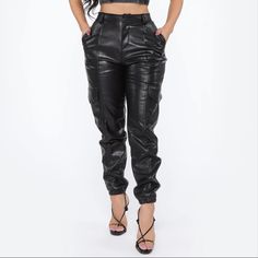 Brand New Never Worn!! These Faux Leather Cargo Pants Can Be Worn At The Waist Or Pulled Up For A High Waist Effect. Casual Black Faux Leather Cargo Pants, Black Faux Leather Bottoms With Side Pockets, Casual Black Leather Pants With Side Pockets, Casual Faux Leather Pants With Side Pockets, Casual Leather Pants With Cargo Pockets, Casual Faux Leather Cargo Pants With Pockets, Casual Leather Pants For Night Out, Faux Leather Pants With Pockets For Night Out, Black Faux Leather Casual Pants