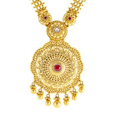 Crafted in radiant 22k yellow gold, this exquisite ruby and Kundan necklace and earring set by Virani Jewelers features brilliant design and style. Ideal for those who appreciate the elegance of traditional Indian jewelry, this gold necklace set blends classic beauty with modern sophistication. The fine gold beaded details highlight the luxurious ruby and Kundan gemstones, making this 22k gold necklace set a timeless piece of Indian jewelry for any special occasions and weddings, enhancing your collection of statement jewelry.Features• 22k yellow gold• Kundan• Ruby Earring Specifications:• Minimum Width - 1.5 millimeters• Maximum Width - 22.5 millimeters• Length - 2 inchesNecklace Specifications:• Minimum Width - 2.3 millimeters• Maximum Width - 49.15 millimeters• Length - 28 inches• This Cheap Traditional Gold Kundan Necklace, Luxury 22k Gold Kundan Bollywood Necklace, Luxury Gold Meenakari Chandbalis, 22k Gold Necklace Kameswari Jewellers, Luxury Yellow Gold Traditional Beaded Necklace, Luxury Yellow Gold Kundan Necklace For Puja, Luxury Yellow Gold Kundan Necklace For Ceremonial Occasions, Luxury 22k Gold Kundan Necklace For Celebration, Kameswari Jewellers Dasavataram Necklace