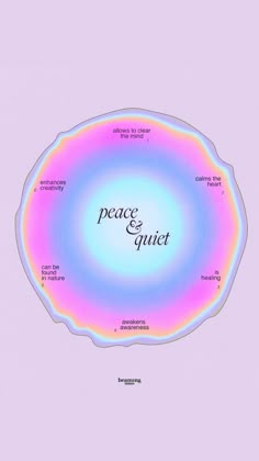 the words peace and quiet are arranged in a circular pattern on a light purple background