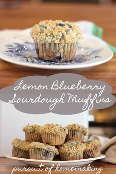 lemon blueberry sourdough muffins on a plate