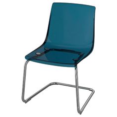 a blue plastic chair with metal legs