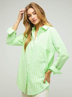 Be the boldest and brightest in our Two-Tone Striped Oversized Button Shirt! Ready to take on summer in style, this unique fashion shirt rocks two-tone stripes, a front pocket, and a button-up fit with a little extra room. Get ready to turn heads this summer! Colors: Neon Green, Neon Orange, Pink Fabric: 80% Cotton, 20% Polyester Brand: Davi & Dani Includes x1 Shirt Sizes S-M-L, A bit oversized. Green Neon, Formal Looks, Beautiful Blouses, Fall Shopping, Neon Orange, Pink Fabric, Color Stripes, Button Shirt, Summer Colors