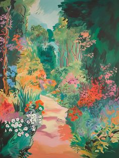 an oil painting of a garden path with lots of colorful flowers and trees in the background