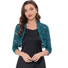 The ruffle collar, sheer floral lace fabric, and crop length give a unique, elegant touch. This cardigan shrug is perfect for layering over your favorite dresses or tops. It adds the right amount of coverage without taking away from the overall style of your outfit. If you're looking for a versatile and stylish piece to add to your wardrobe, the Women's Elegant Ruffle Collar Crop Cardigan Sheer Floral Lace Shrug Top is the perfect choice. It's a timeless piece that you can wear season after seas Fitted Ruffled Cardigan For Party, Elegant Ruffled Cardigan For Parties, Elegant Party Cardigan With Ruffles, Spring Fitted Shrug With Lace Trim, Fitted Shrug With Lace Sleeves For Spring, Evening Shrug With Lace Trim, Fitted Lace Cardigan For Party, Spring Lace Shrug With Lace Sleeves, Spring Party Shrug With Lace Trim