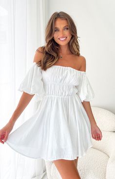 Paradise Puff Sleeve Dress White – Beginning Boutique US Off The Shoulder Puffy Sleeve Dress Short, Puff Sleeve Dress White, Cute Flowy Dresses, White Puff Sleeve Dress, Milk Maid, Puff Sleeves Dress, Prom Midi Dress, Dream Dresses, Lunch Date