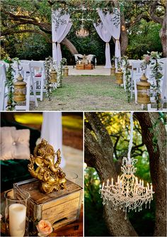 an outdoor ceremony with chandeliers, candles and flowers on the table in front of it