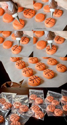 basketball cookies are being decorated with icing and sprinkles to make them look like they're ready for the game